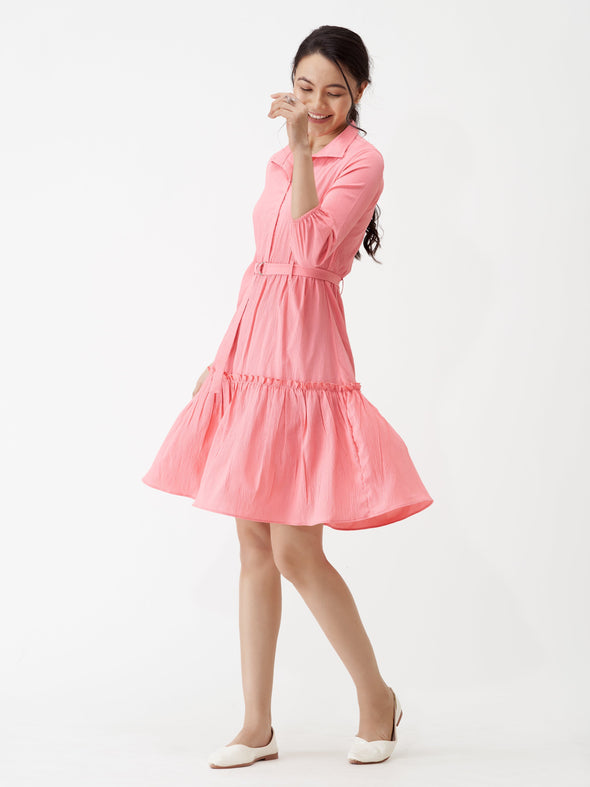 Puff Sleeves Crepe Fit  Flare Dress