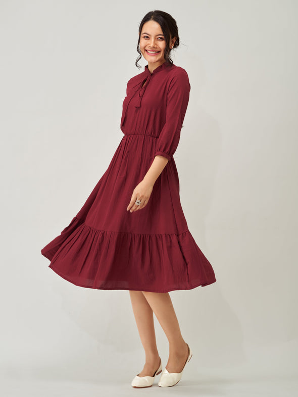 Tie-Up Neck Crepe Fit  Flare Dress