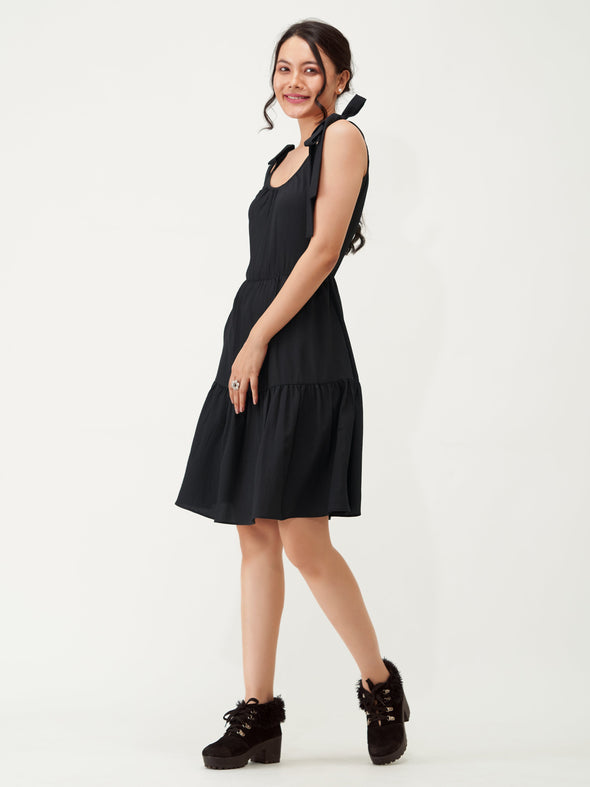 Shoulder Straps Tiered Crepe Fit  Flare dress