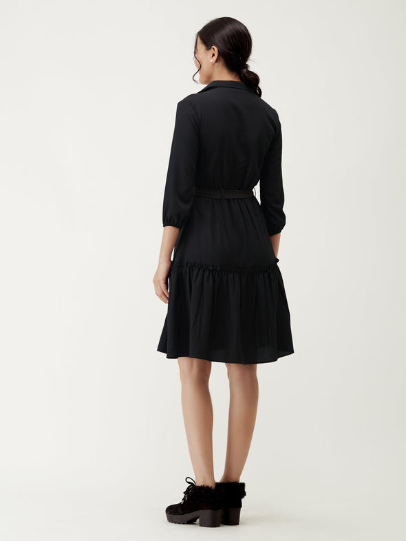 Puff Sleeves Crepe Fit  Flare Dress