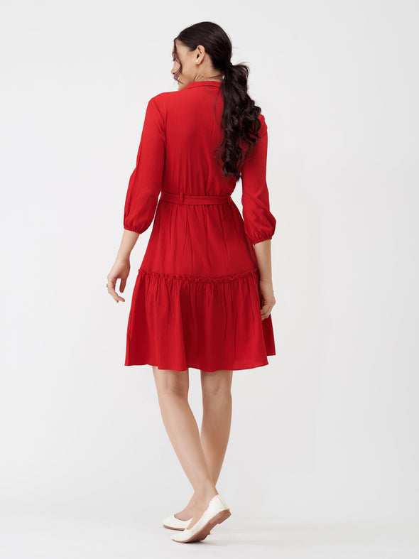 Puff Sleeves Crepe Fit  Flare Dress