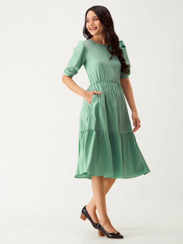 Puff Sleeve Crepe Fit  Flare Midi Dress