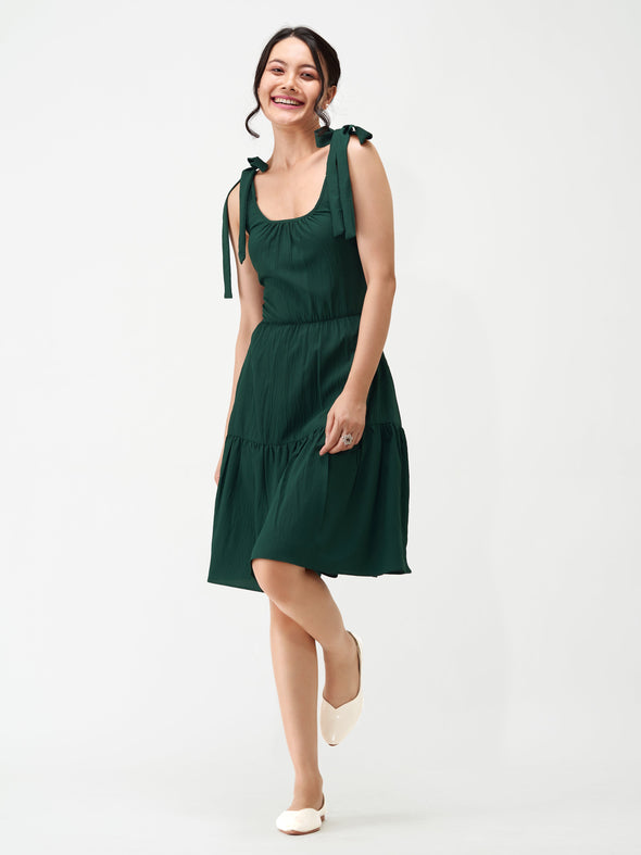 Shoulder Straps Tiered Crepe Fit  Flare dress