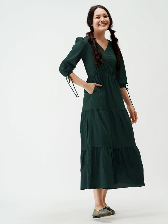 Puff Sleeves Tie-Up Detail Tiered Maxi A-Line Dress