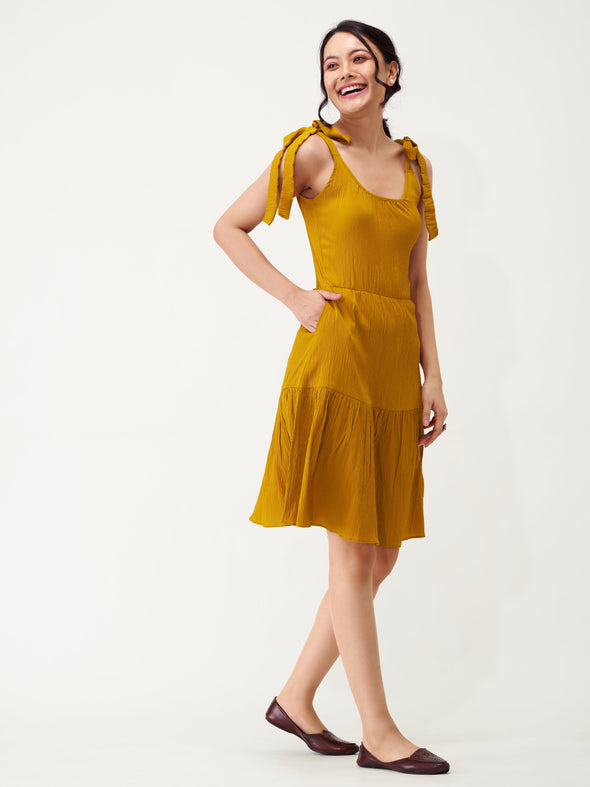 Shoulder Straps Tiered Crepe Fit  Flare dress