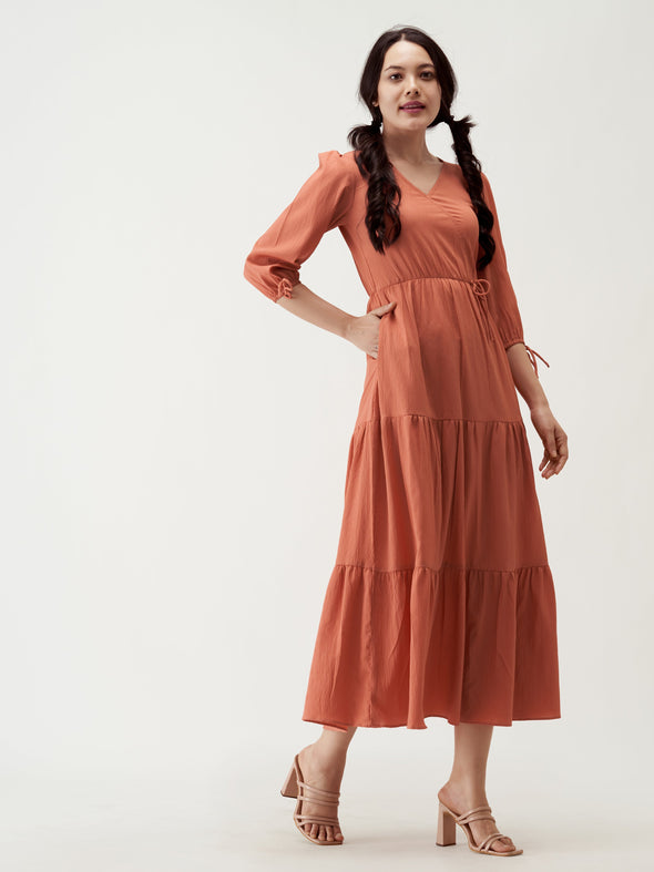 Puff Sleeves Tie-Up Detail Tiered Maxi A-Line Dress