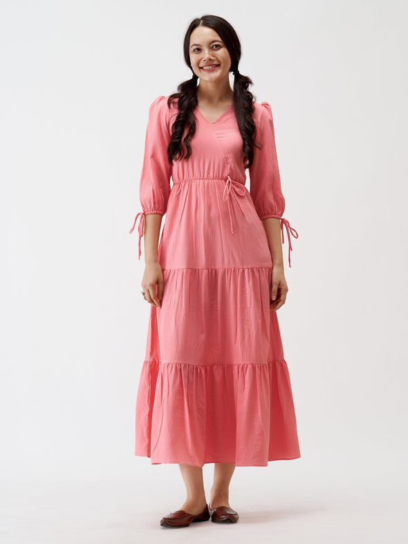 Puff Sleeves Tie-Up Detail Tiered Maxi A-Line Dress