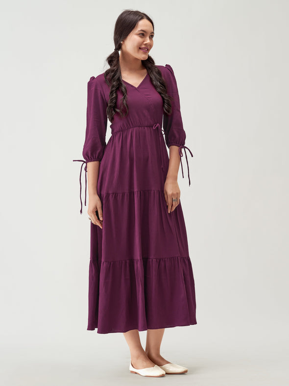 Puff Sleeves Tie-Up Detail Tiered Maxi A-Line Dress