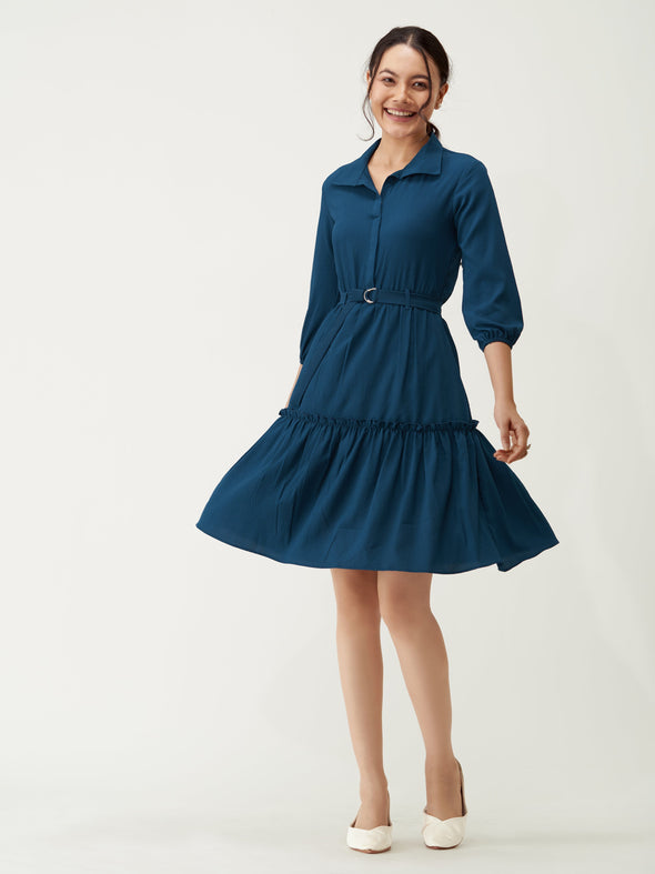 Puff Sleeves Crepe Fit  Flare Dress