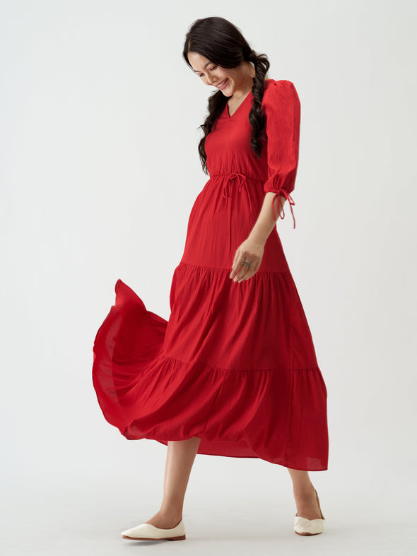 Puff Sleeves Tie-Up Detail Tiered Maxi A-Line Dress