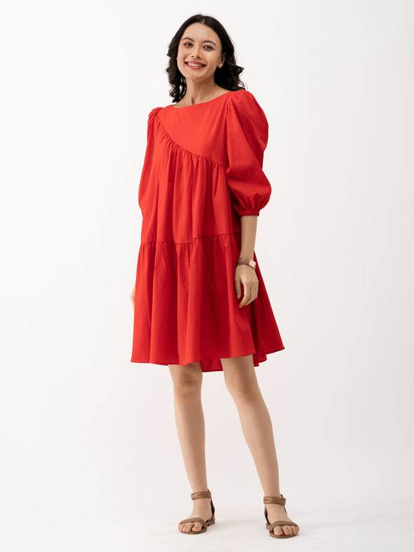 Boat Neck Puff Sleeves A-Line Dress