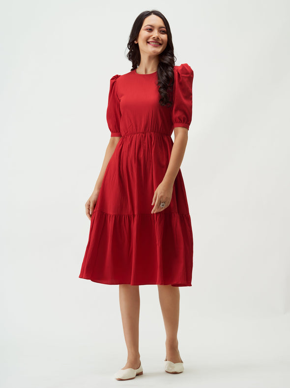 Puff Sleeve Crepe Fit  Flare Midi Dress