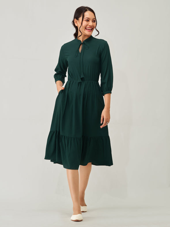 Tie-Up Neck Crepe Fit  Flare Dress