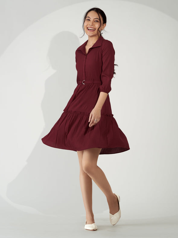 Puff Sleeves Crepe Fit  Flare Dress