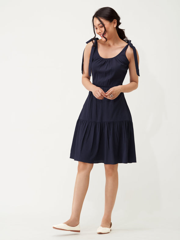 Shoulder Straps Tiered Crepe Fit  Flare dress