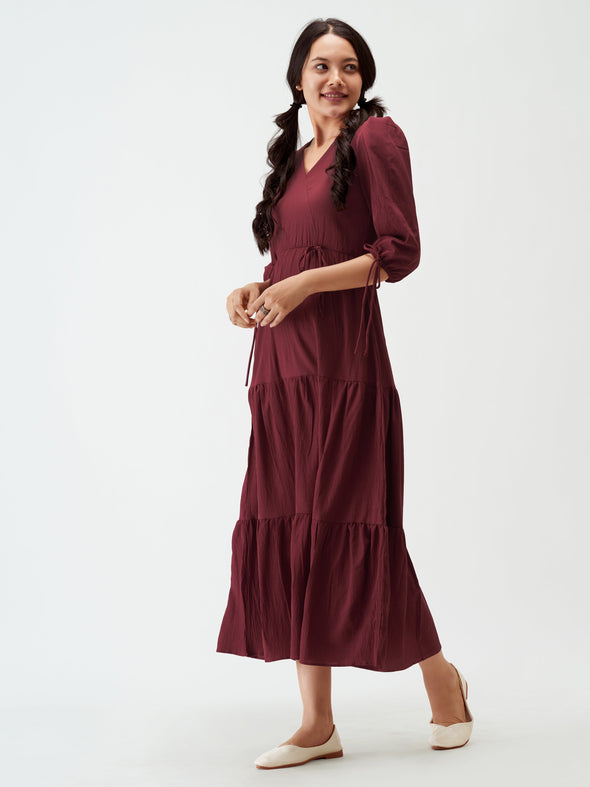 Puff Sleeves Tie-Up Detail Tiered Maxi A-Line Dress