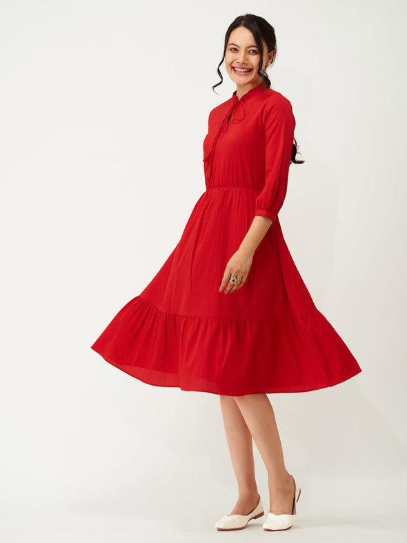 Tie-Up Neck Crepe Fit  Flare Dress
