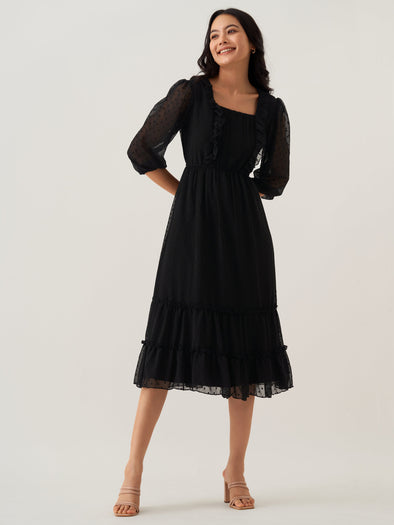 Chiffon Dobby Fit & Flare Dress For Women