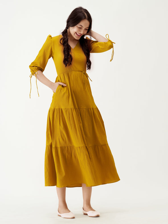 Puff Sleeves Tie-Up Detail Tiered Maxi A-Line Dress