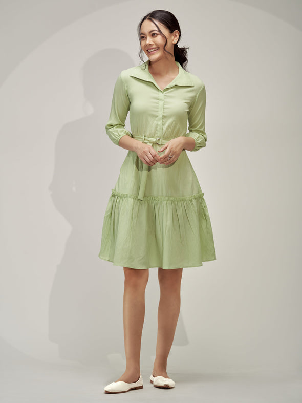 Puff Sleeves Crepe Fit  Flare Dress