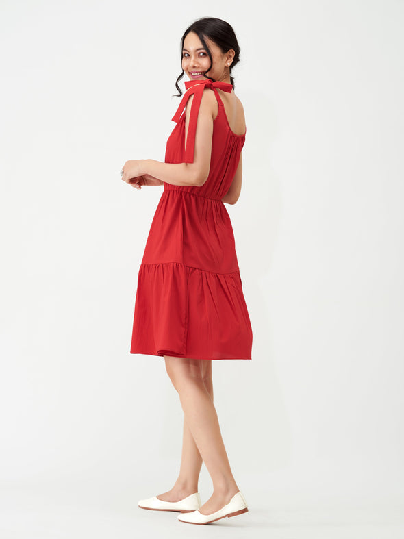 Shoulder Straps Tiered Crepe Fit  Flare dress