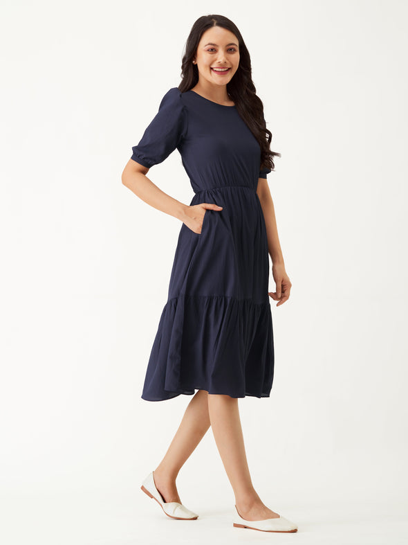 Puff Sleeve Crepe Fit  Flare Midi Dress