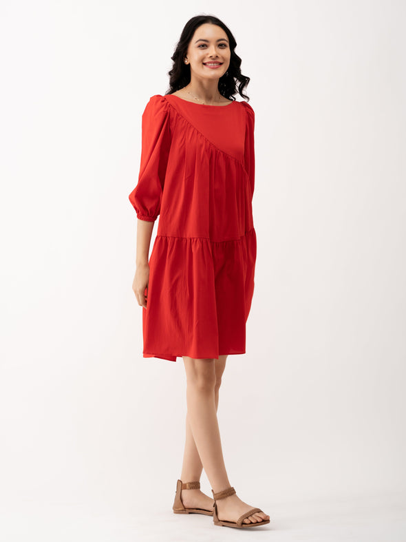 Boat Neck Puff Sleeves A-Line Dress