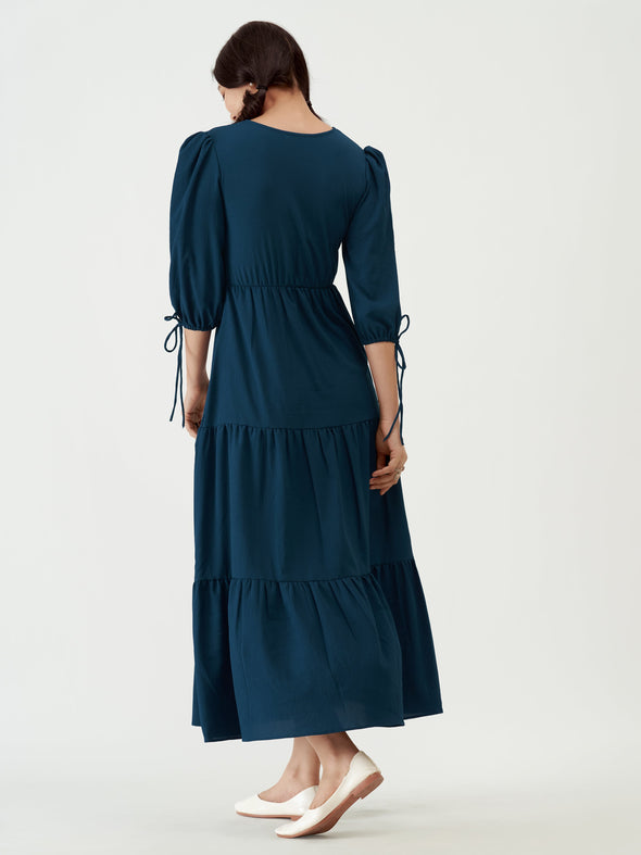 Puff Sleeves Tie-Up Detail Tiered Maxi A-Line Dress