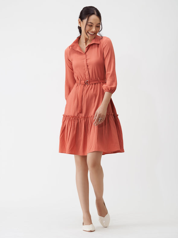Puff Sleeves Crepe Fit  Flare Dress