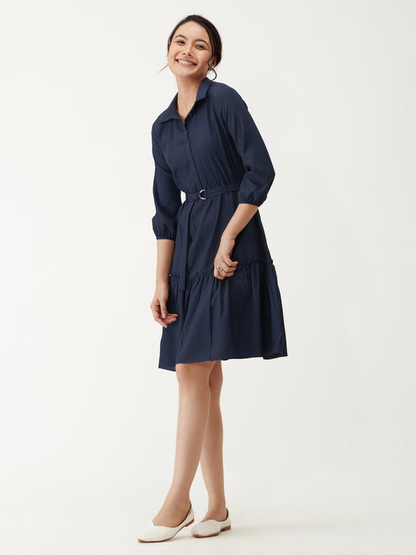Puff Sleeves Crepe Fit  Flare Dress