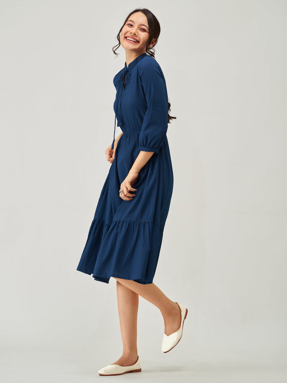 Tie-Up Neck Crepe Fit  Flare Dress
