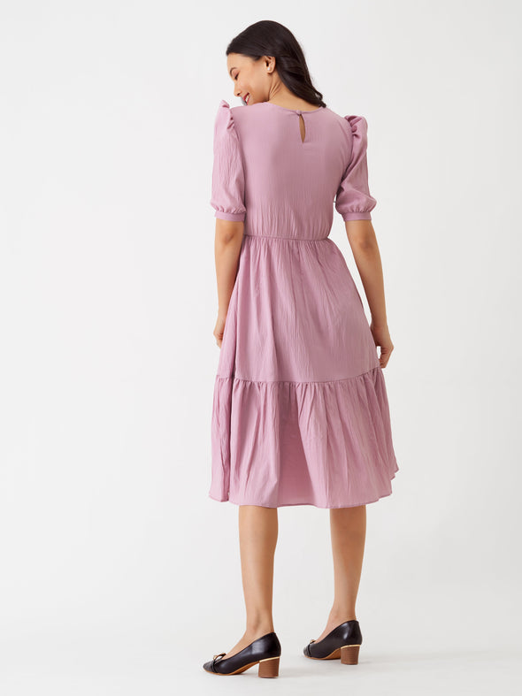 Puff Sleeve Crepe Fit  Flare Midi Dress