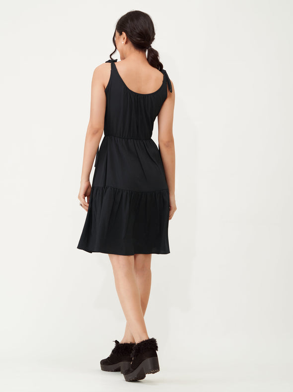 Shoulder Straps Tiered Crepe Fit  Flare dress