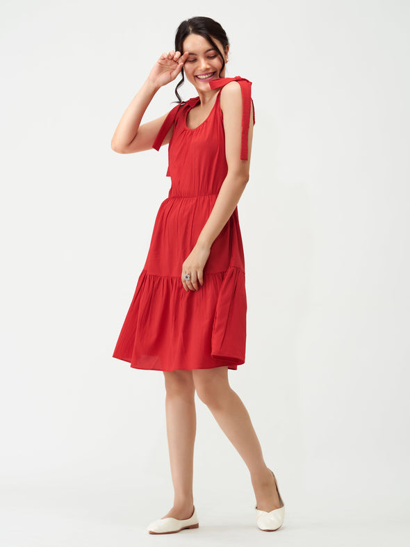 Shoulder Straps Tiered Crepe Fit  Flare dress