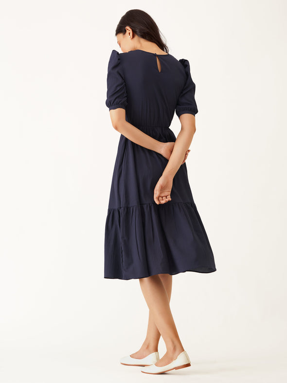 Puff Sleeve Crepe Fit  Flare Midi Dress