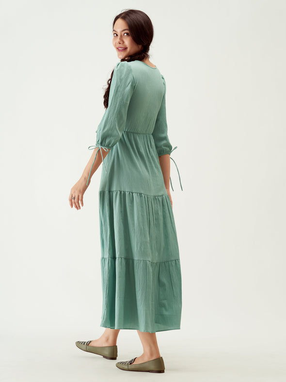 Puff Sleeves Tie-Up Detail Tiered Maxi A-Line Dress