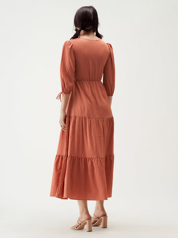 Puff Sleeves Tie-Up Detail Tiered Maxi A-Line Dress