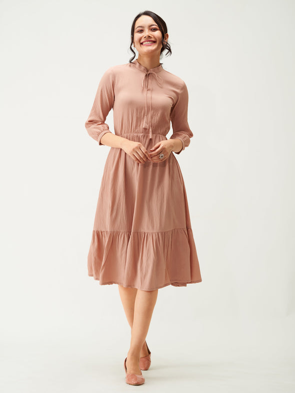Tie-Up Neck Crepe Fit  Flare Dress