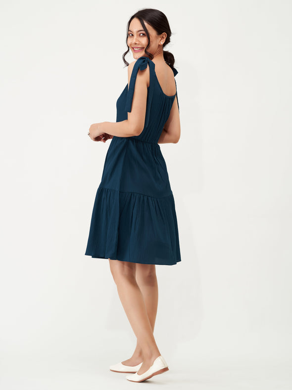 Shoulder Straps Tiered Crepe Fit  Flare dress