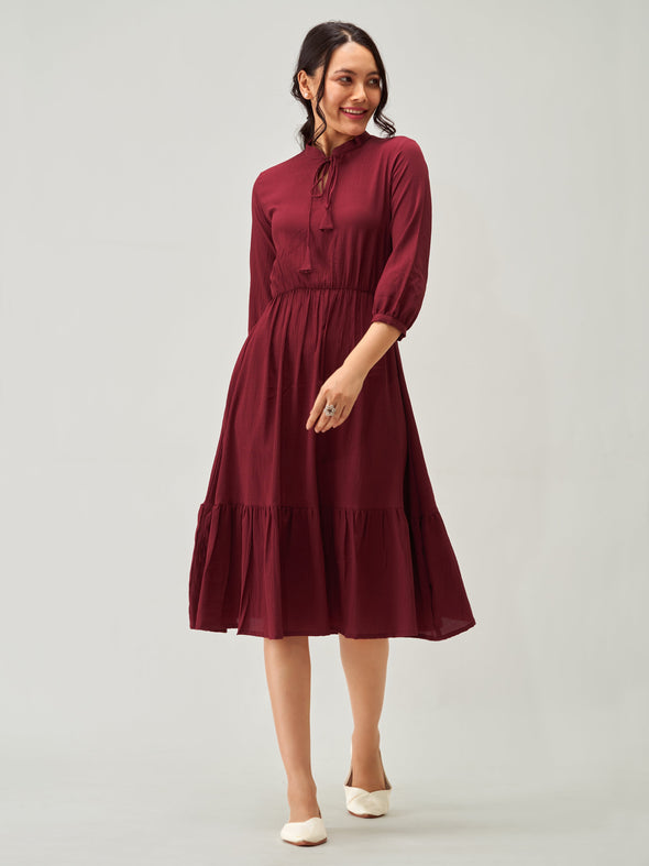 Tie-Up Neck Crepe Fit  Flare Dress