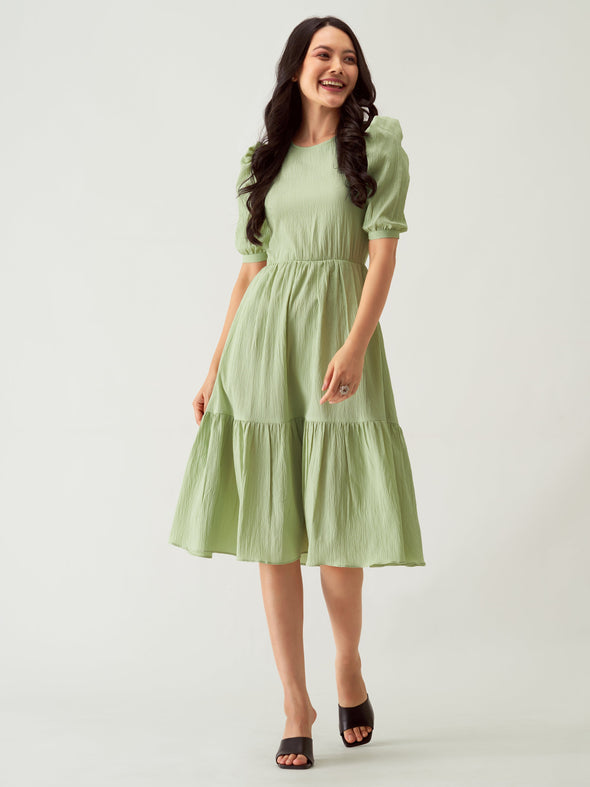 Puff Sleeve Crepe Fit  Flare Midi Dress