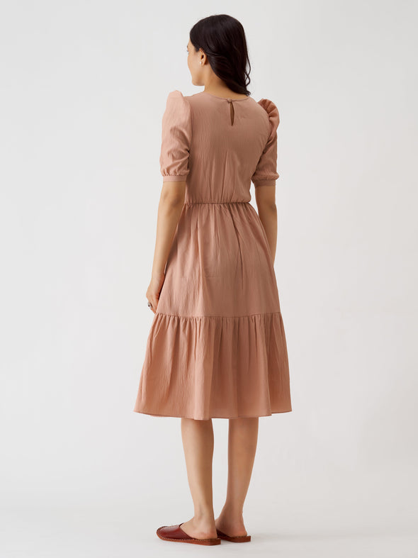 Puff Sleeve Crepe Fit  Flare Midi Dress