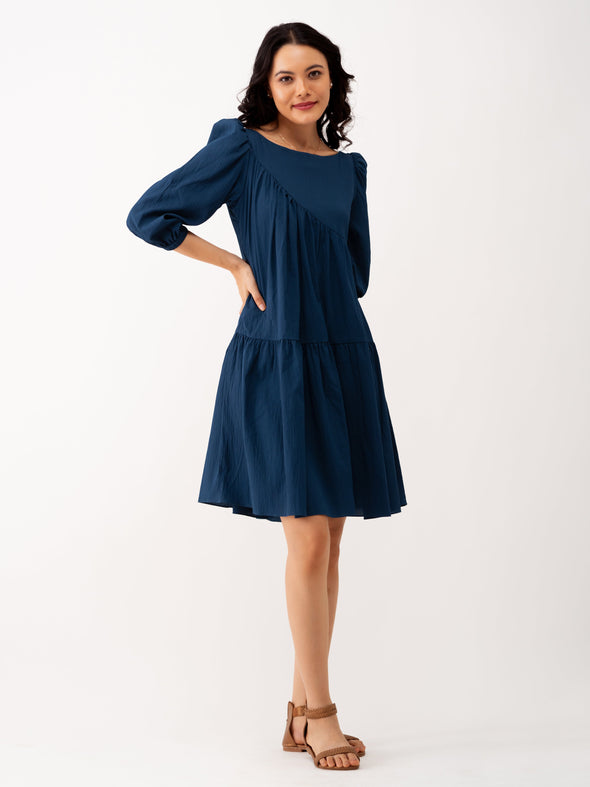 Boat Neck Puff Sleeves A-Line Dress