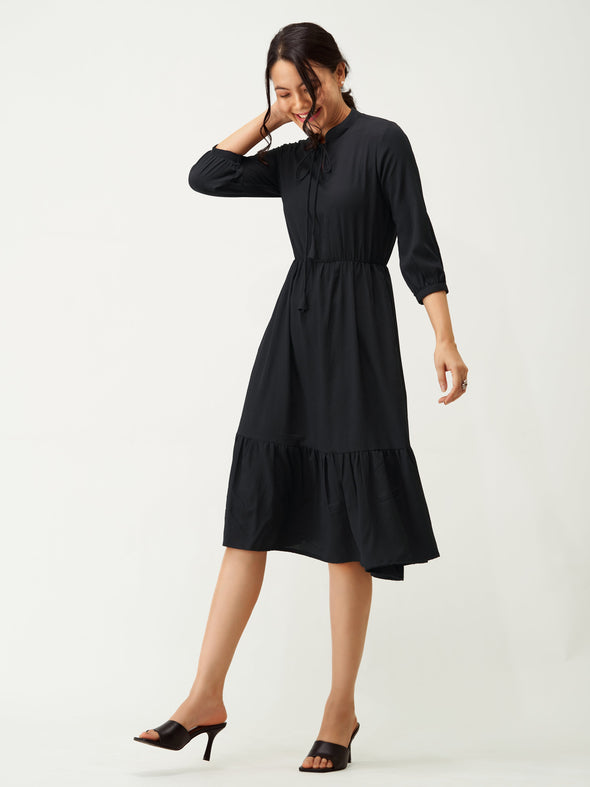 Tie-Up Neck Crepe Fit  Flare Dress