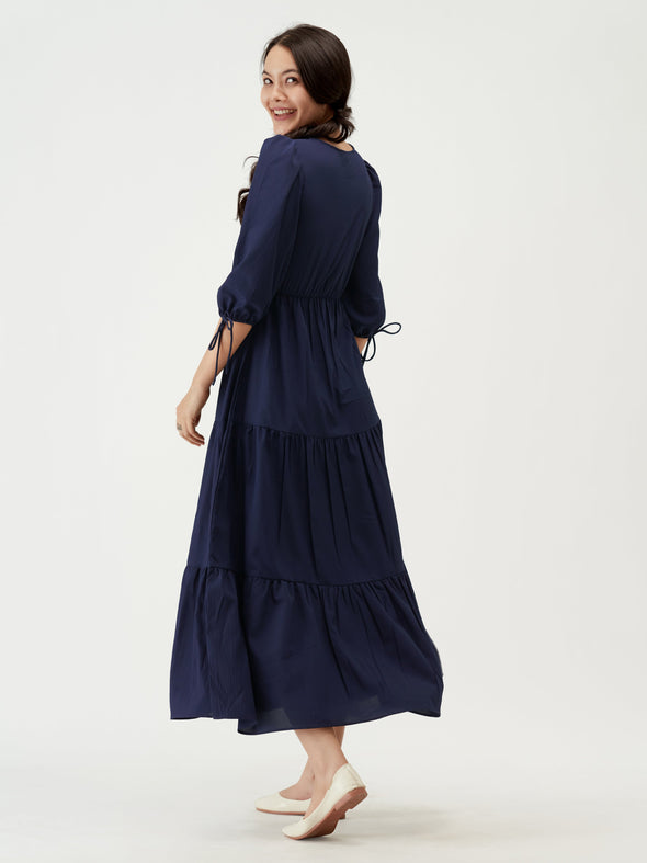 Puff Sleeves Tie-Up Detail Tiered Maxi A-Line Dress