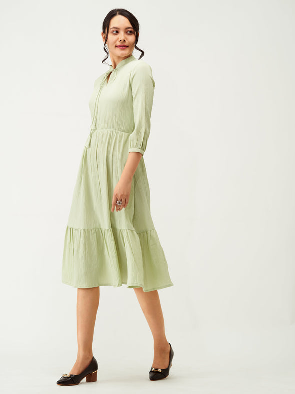 Tie-Up Neck Crepe Fit  Flare Dress