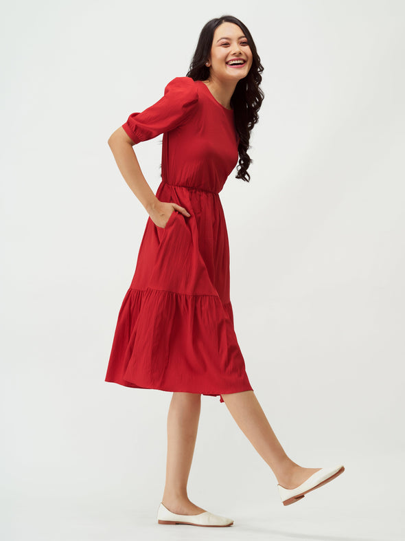 Puff Sleeve Crepe Fit  Flare Midi Dress