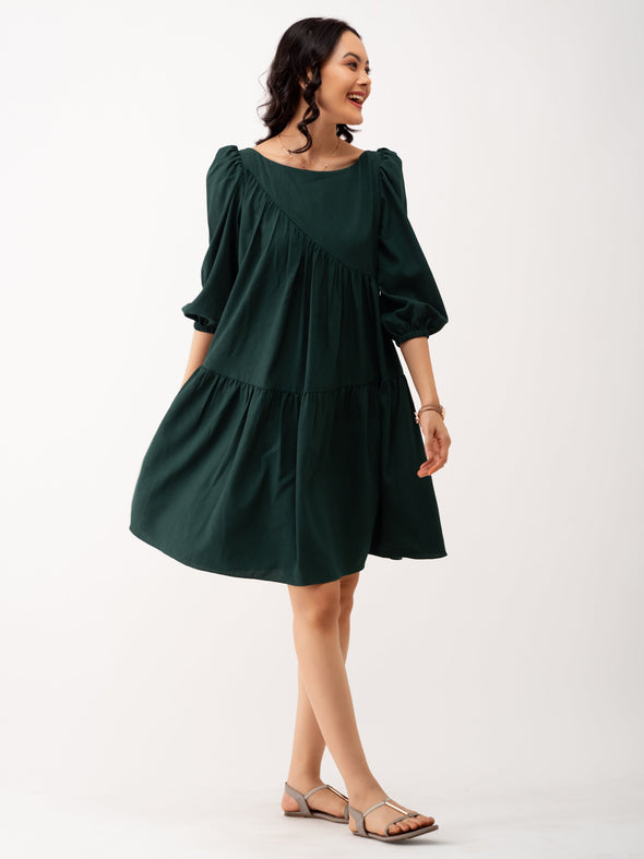 Boat Neck Puff Sleeves A-Line Dress