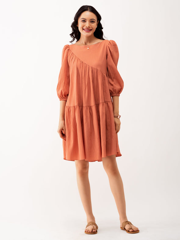 Boat Neck Puff Sleeves A-Line Dress