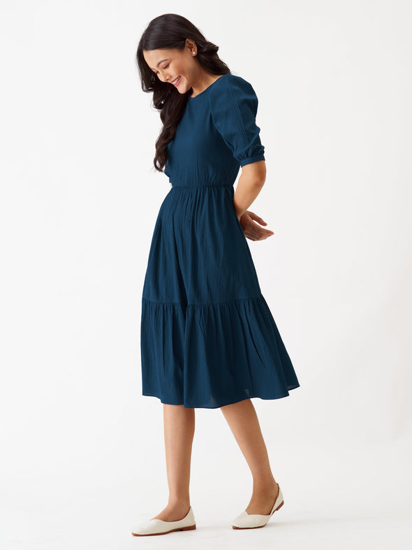 Puff Sleeve Crepe Fit  Flare Midi Dress